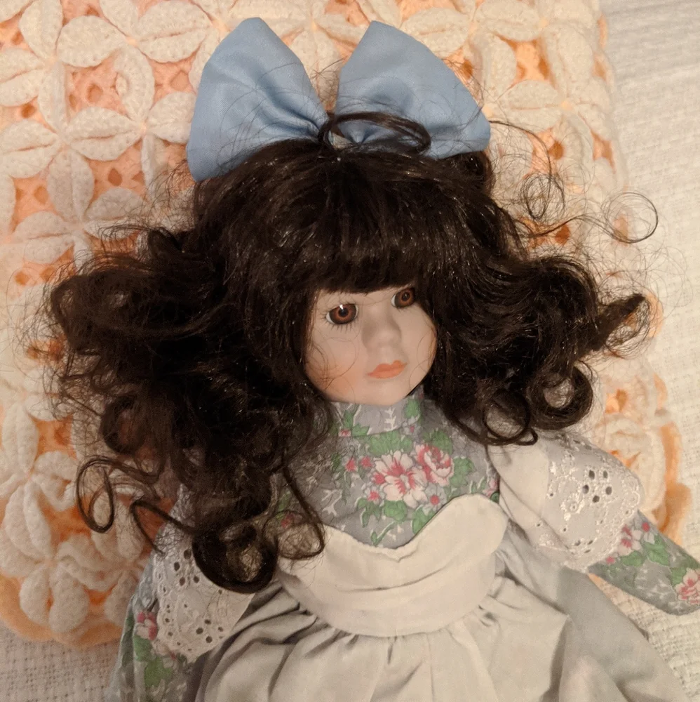Doll Vintage Porcelain With Soft Body Dark Curly Hair